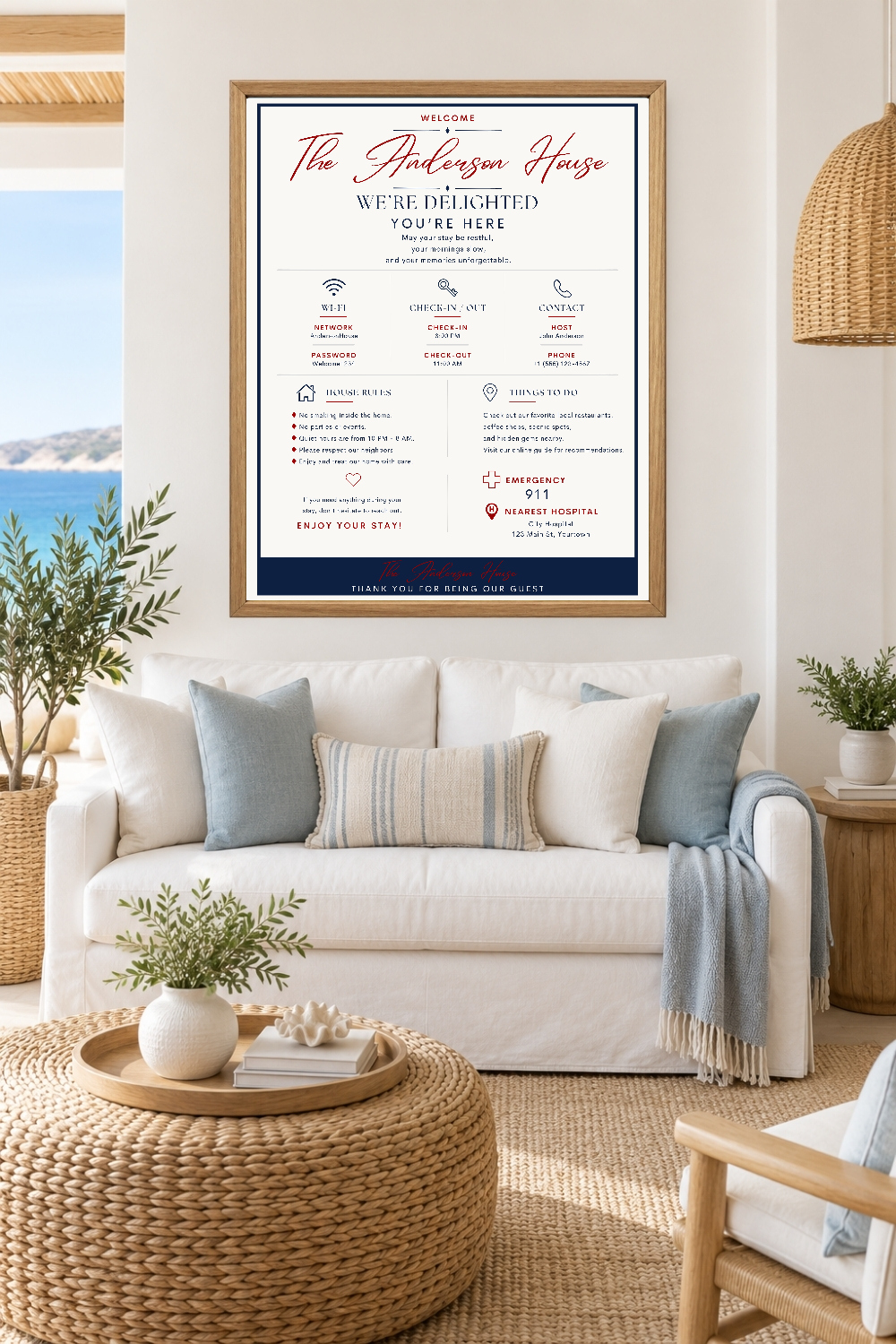Airbnb Sign Bundle, 11 Editable Canva Templates for Vacation Rentals in Navy and Burgundy