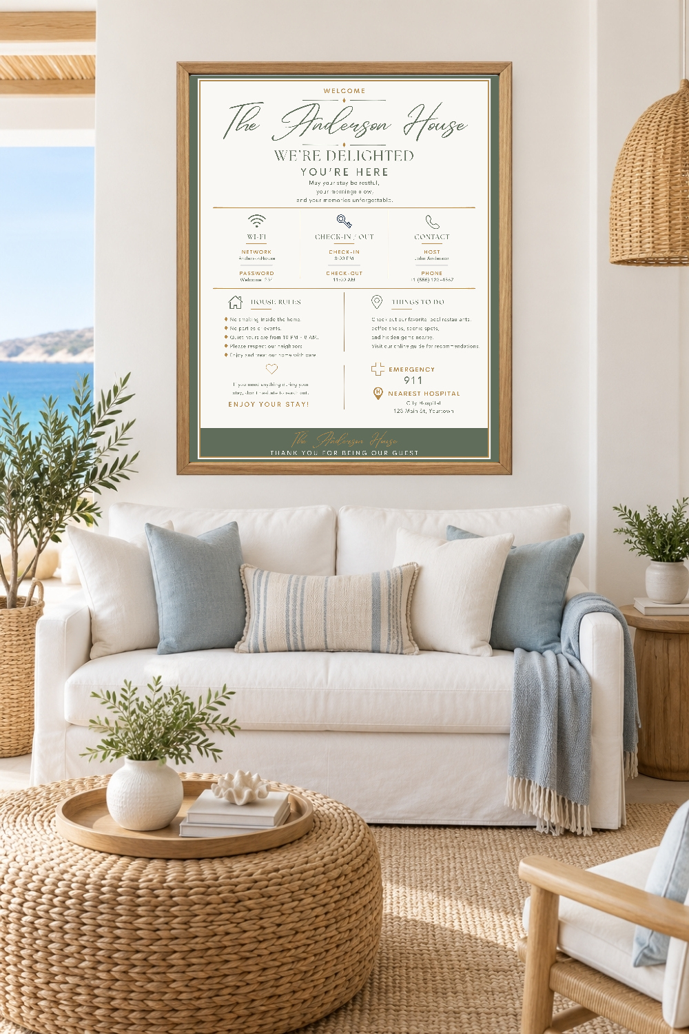 Airbnb Sign Bundle, 11 Editable Canva Templates for Vacation Rentals in Sage Green