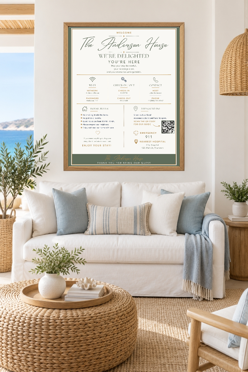 Airbnb QR Code Sign Bundle, 11 Editable Sage Green Canva Templates for Vacation Rentals