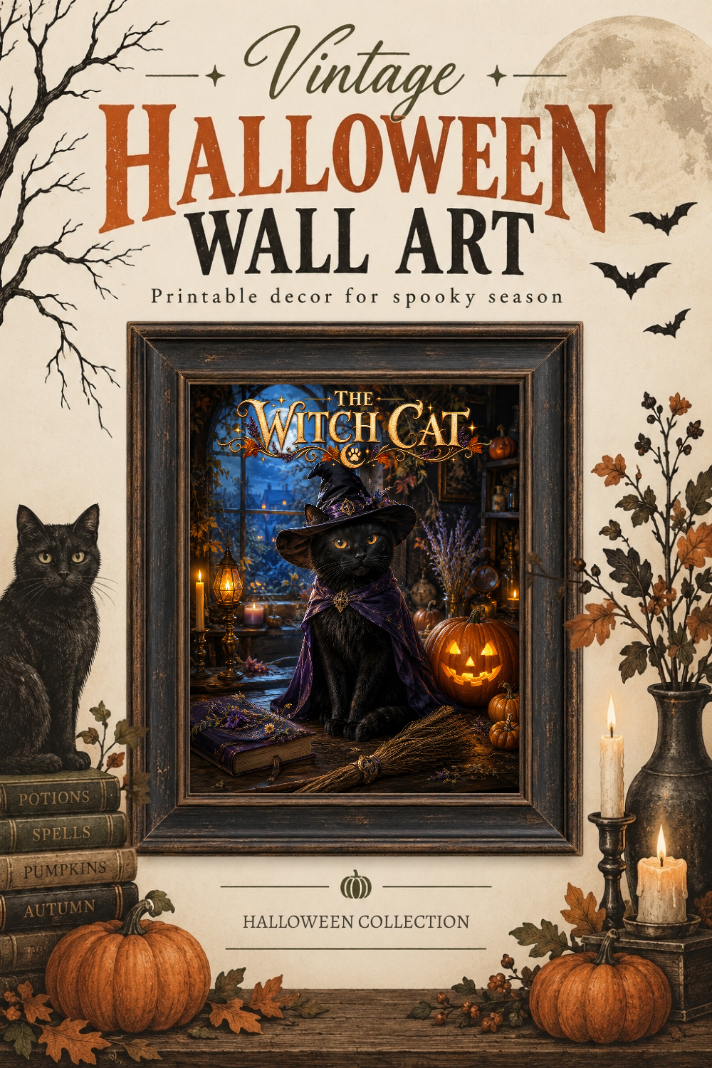 Witch Cat Halloween Wall Art, Downloadable Wall Art