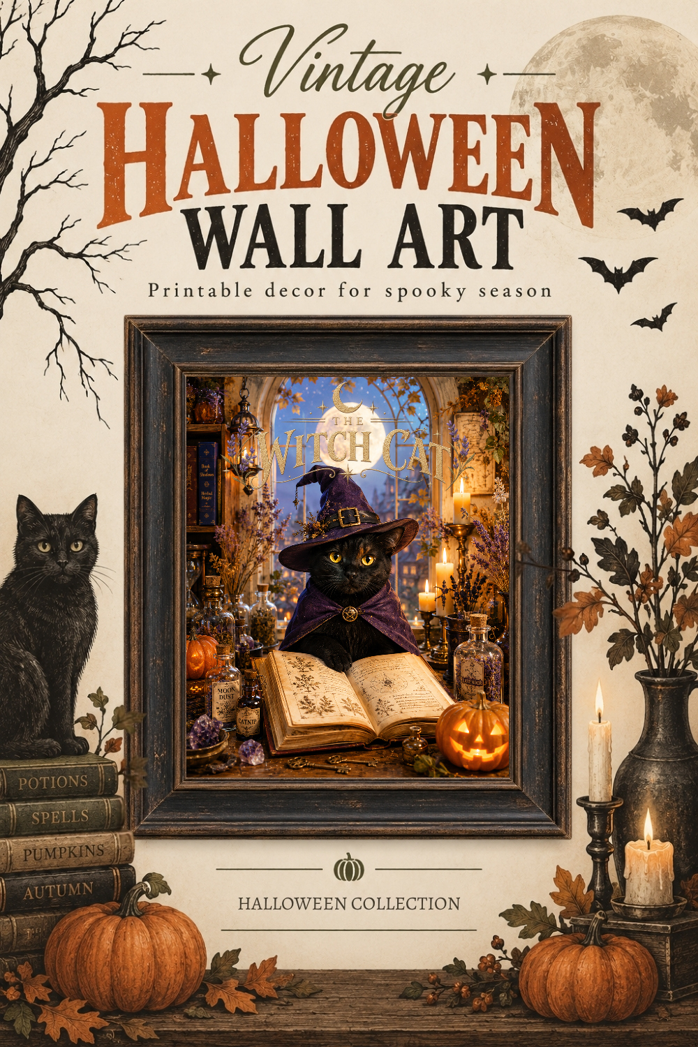 Witch Cat Spellbook Wall Art, Downloadable Wall Art