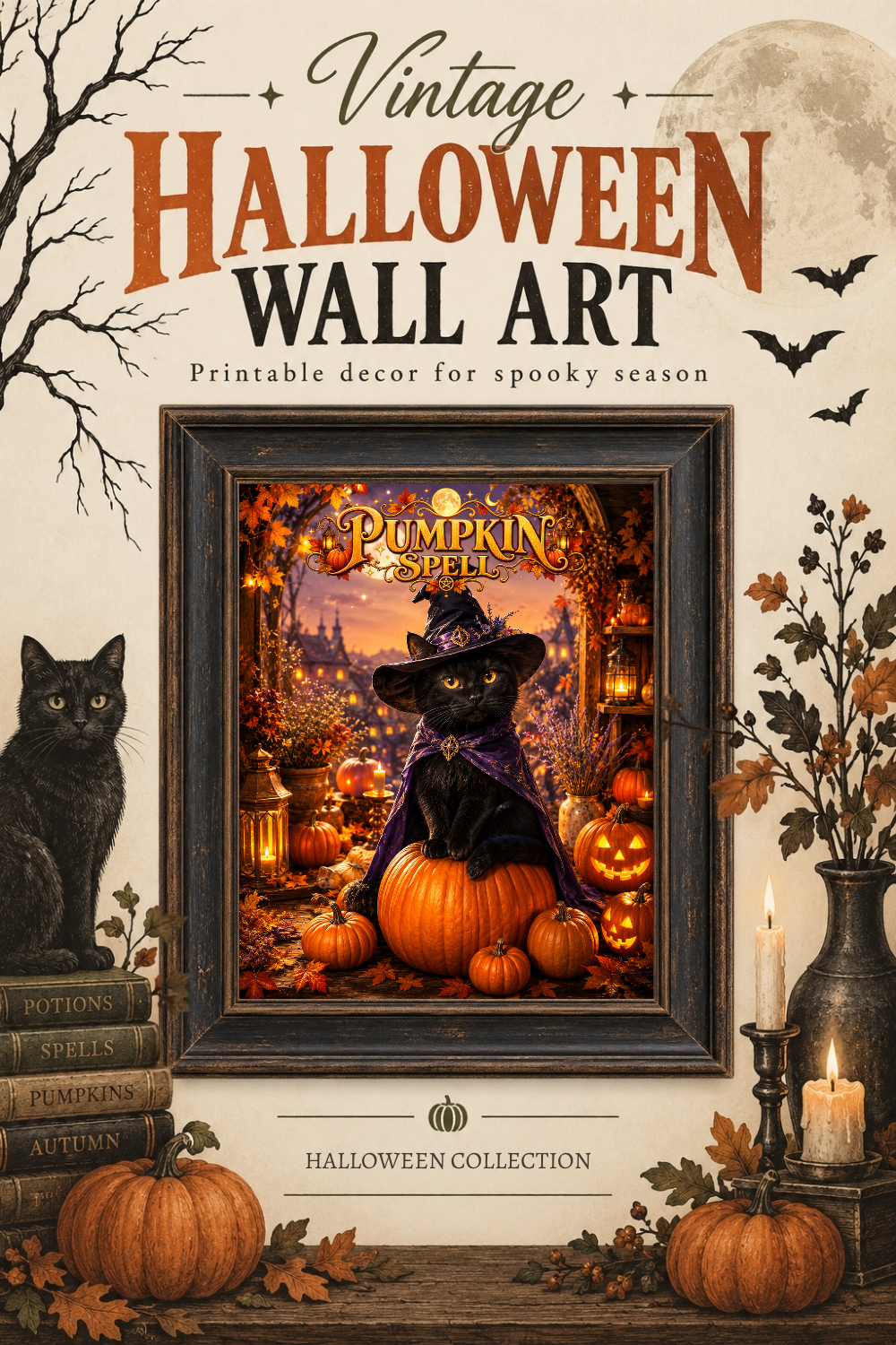 Black Cat Pumpkin Spell Wall Art, Downloadable Wall Art