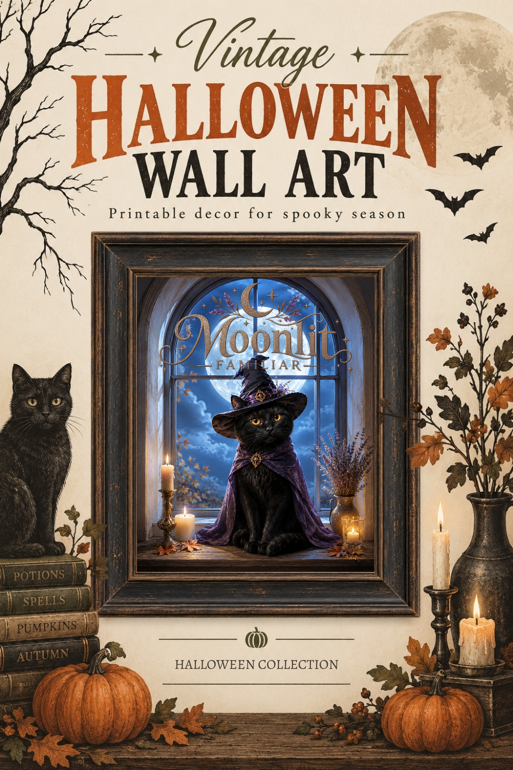 Moonlit Witch Cat Familiar Wall Art, Downloadable Wall Art