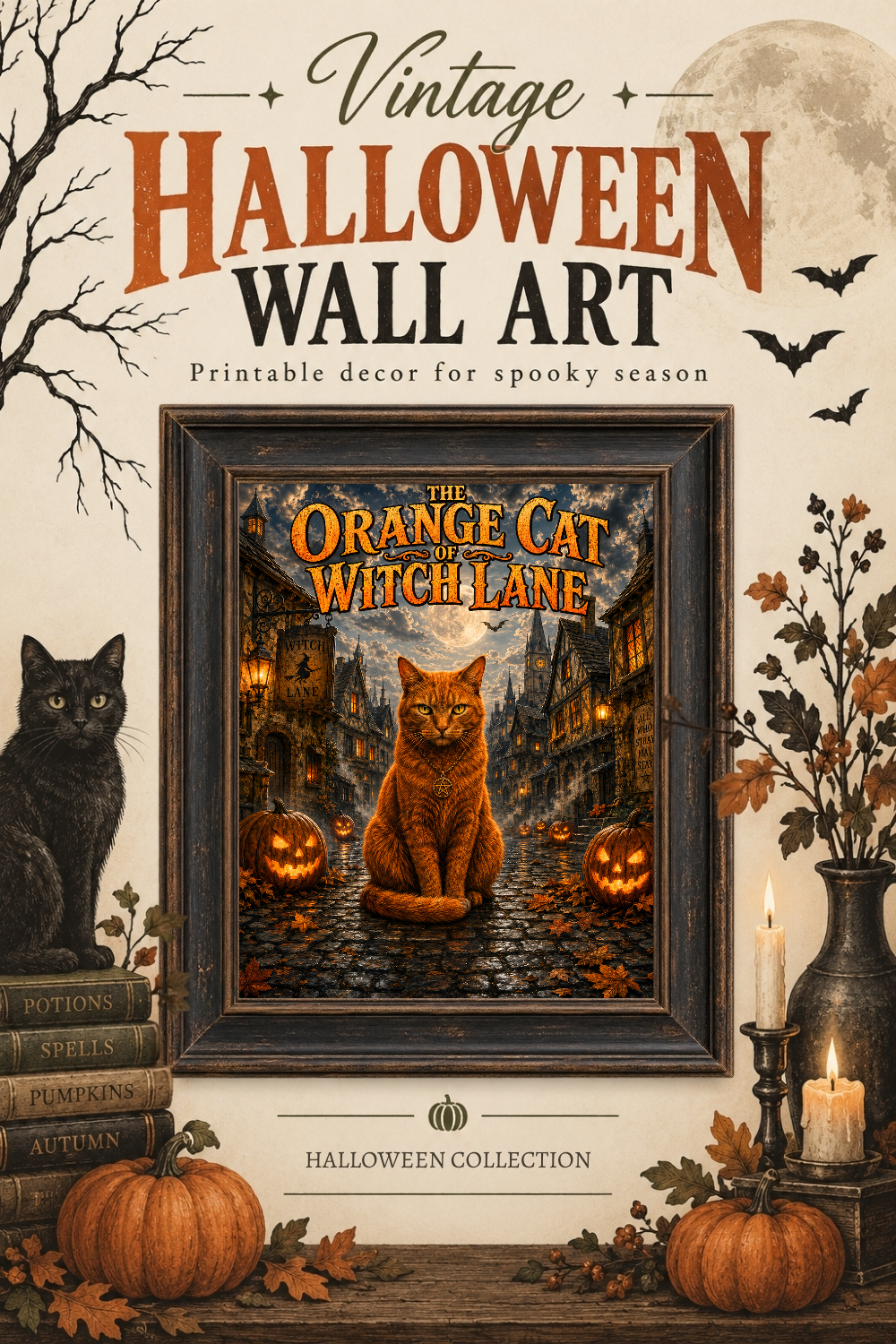 Orange Cat Halloween Wall Art, Downloadable Wall Art