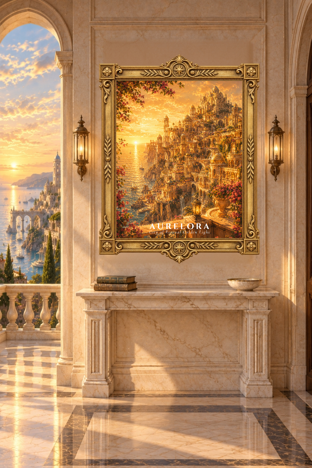 Fantasy Golden City Wall Art, Coastal Kingdom Poster, Sunset Cityscape Print, Aurelora