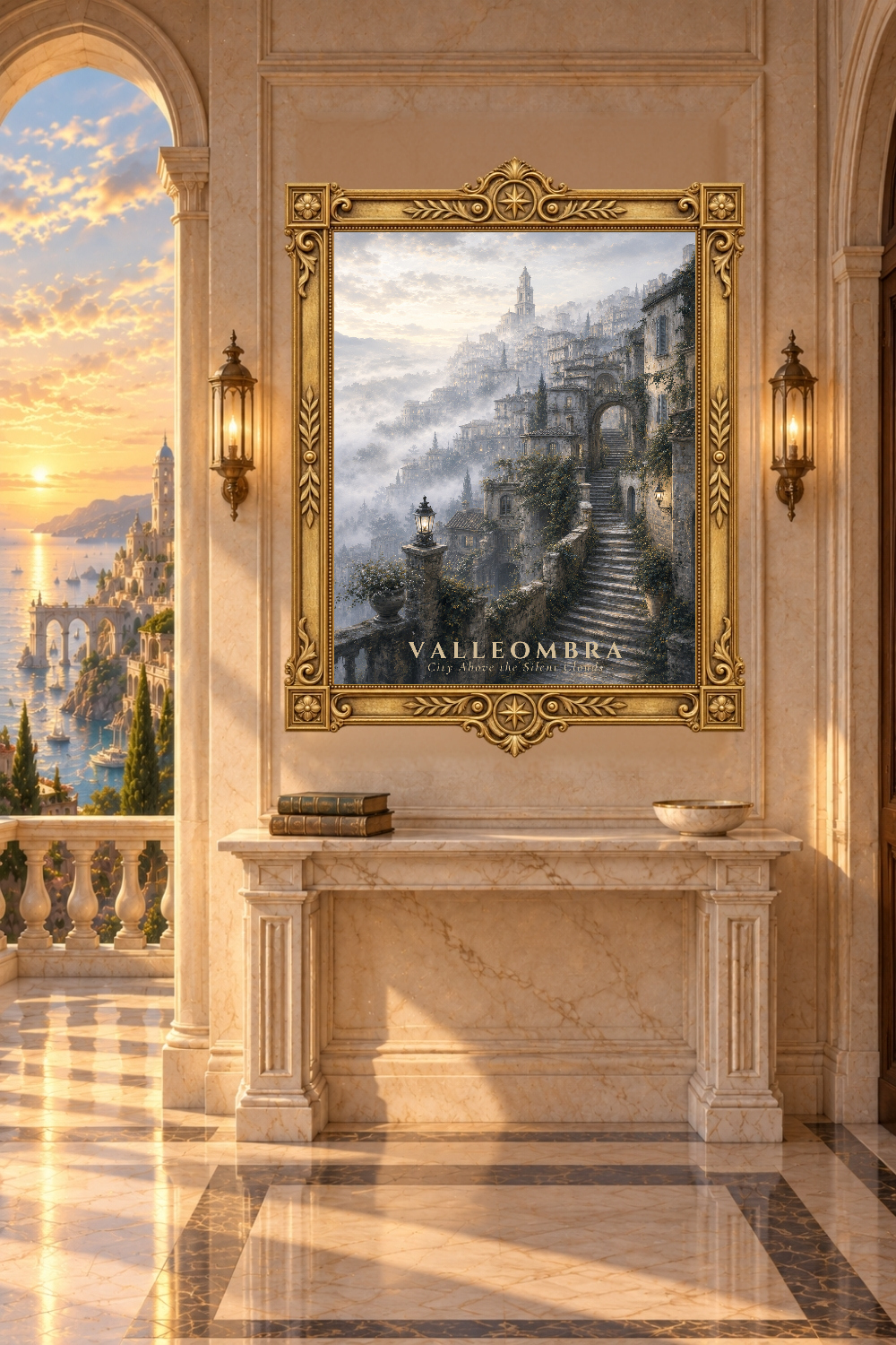 Fantasy Mountain City Wall Art, Misty Village Poster, Foggy Cityscape Print, Valleombra
