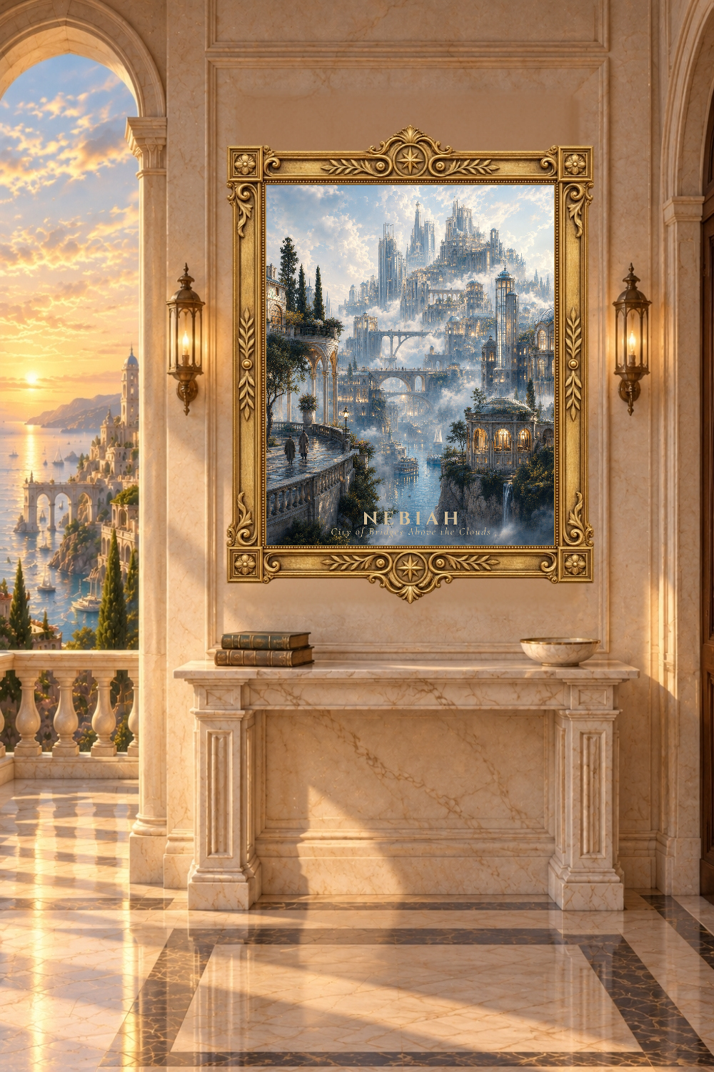 Fantasy Cloud City Wall Art, Sky Bridge Poster, Dream Architecture Print, Nebiah