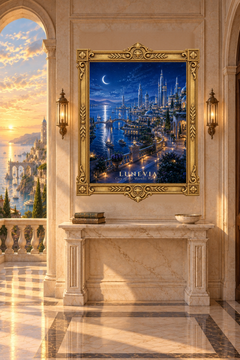 Fantasy Moonlit Harbor Cityscape, Lunevia Coastal Towers