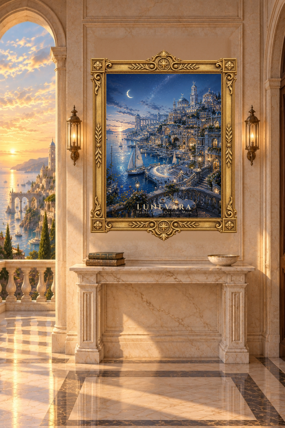 Lunevara Fantasy Moon City Print, Crescent Moon Harbor, Night Coastal Architecture