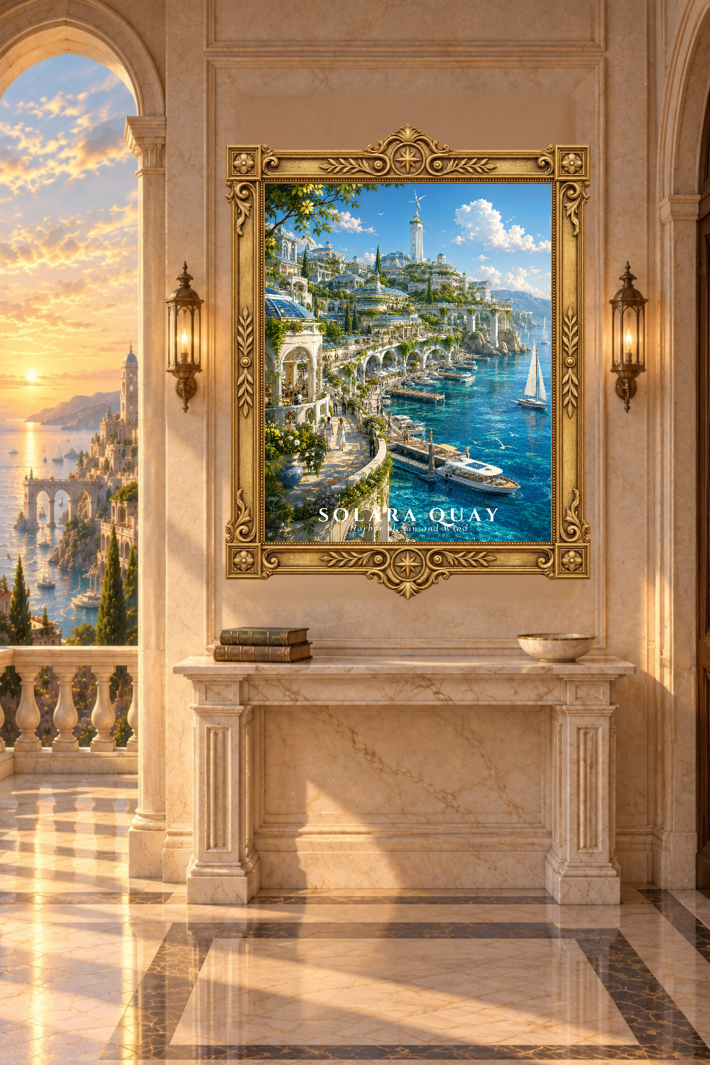 Fantasy Coastal City Print, Mediterranean Harbor, Yacht Marina