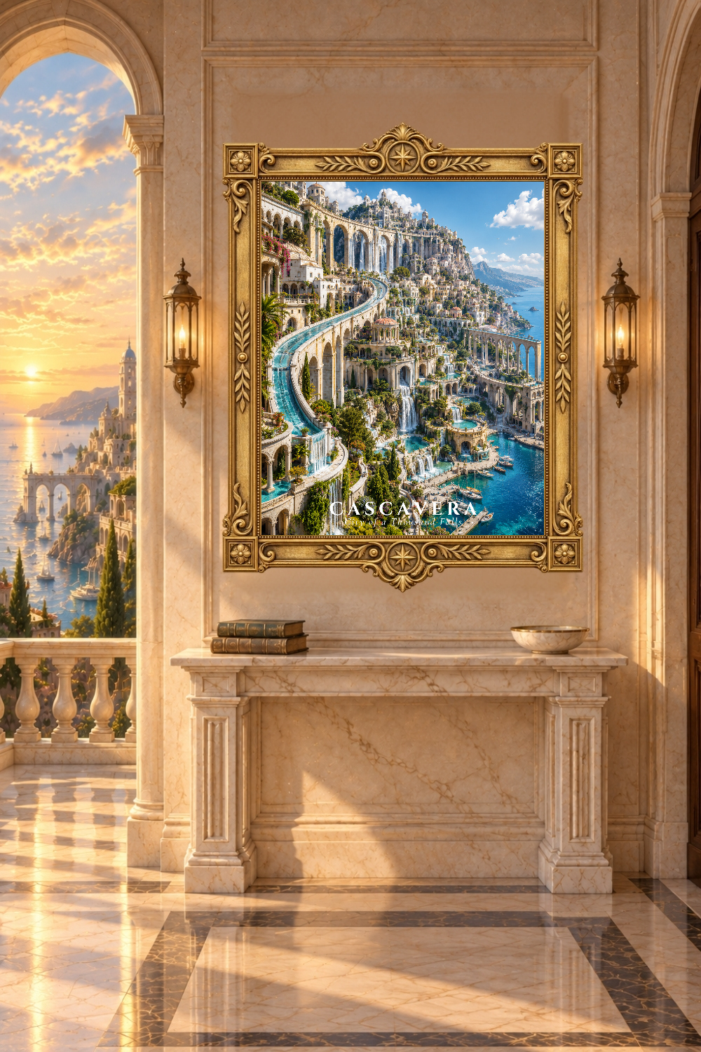 Fantasy Waterfall City Wall Art, Coastal Kingdom Poster, Ocean City Print, Cascavera
