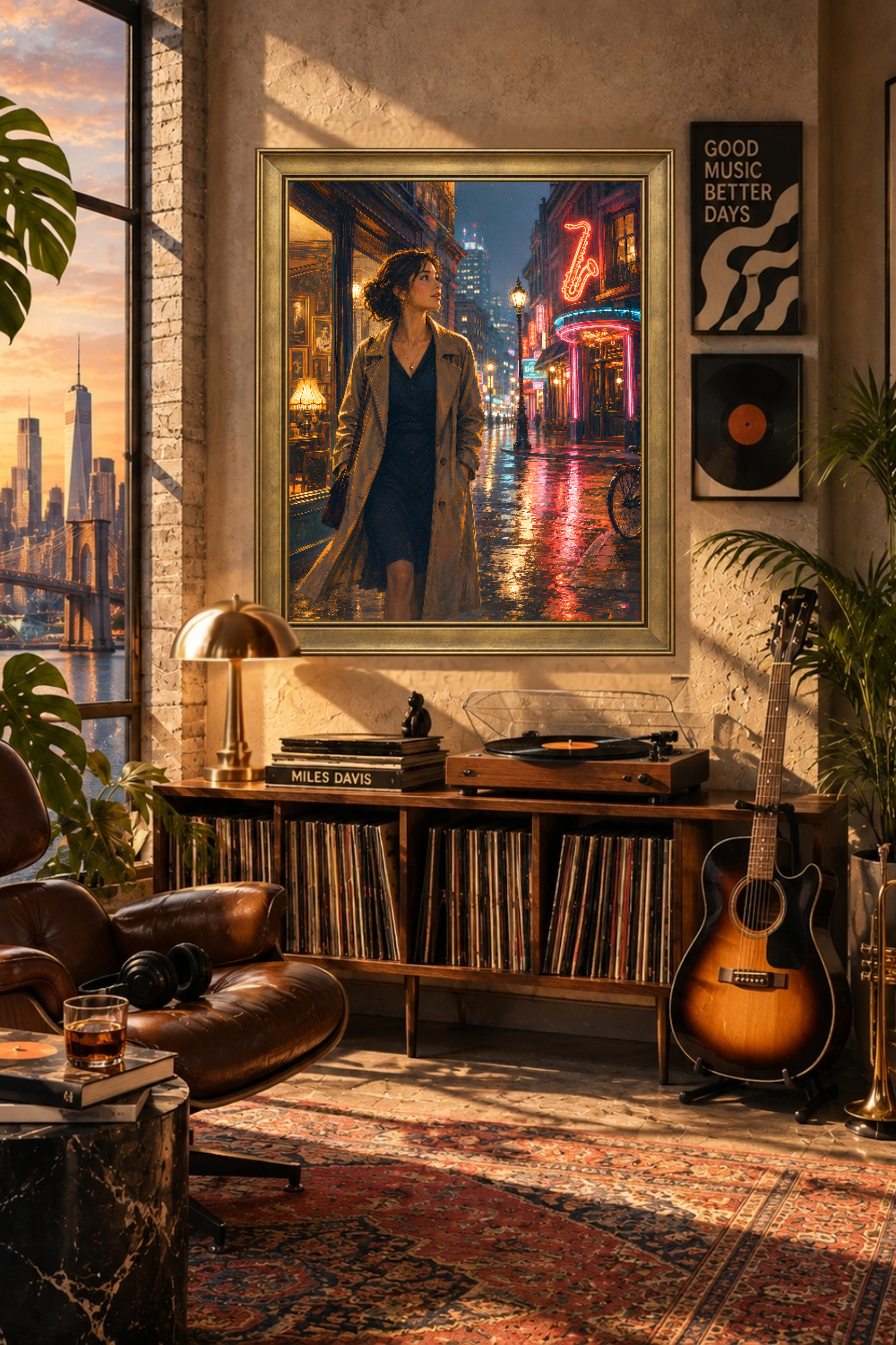 Neon Jazz Club Rainy Street Art, Urban Music Poster