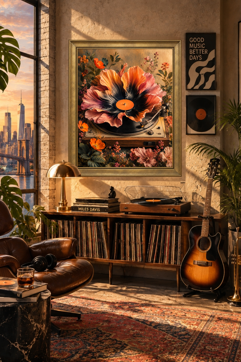 Surreal Vinyl Record Flower Wall Art, Botanical Music Poster