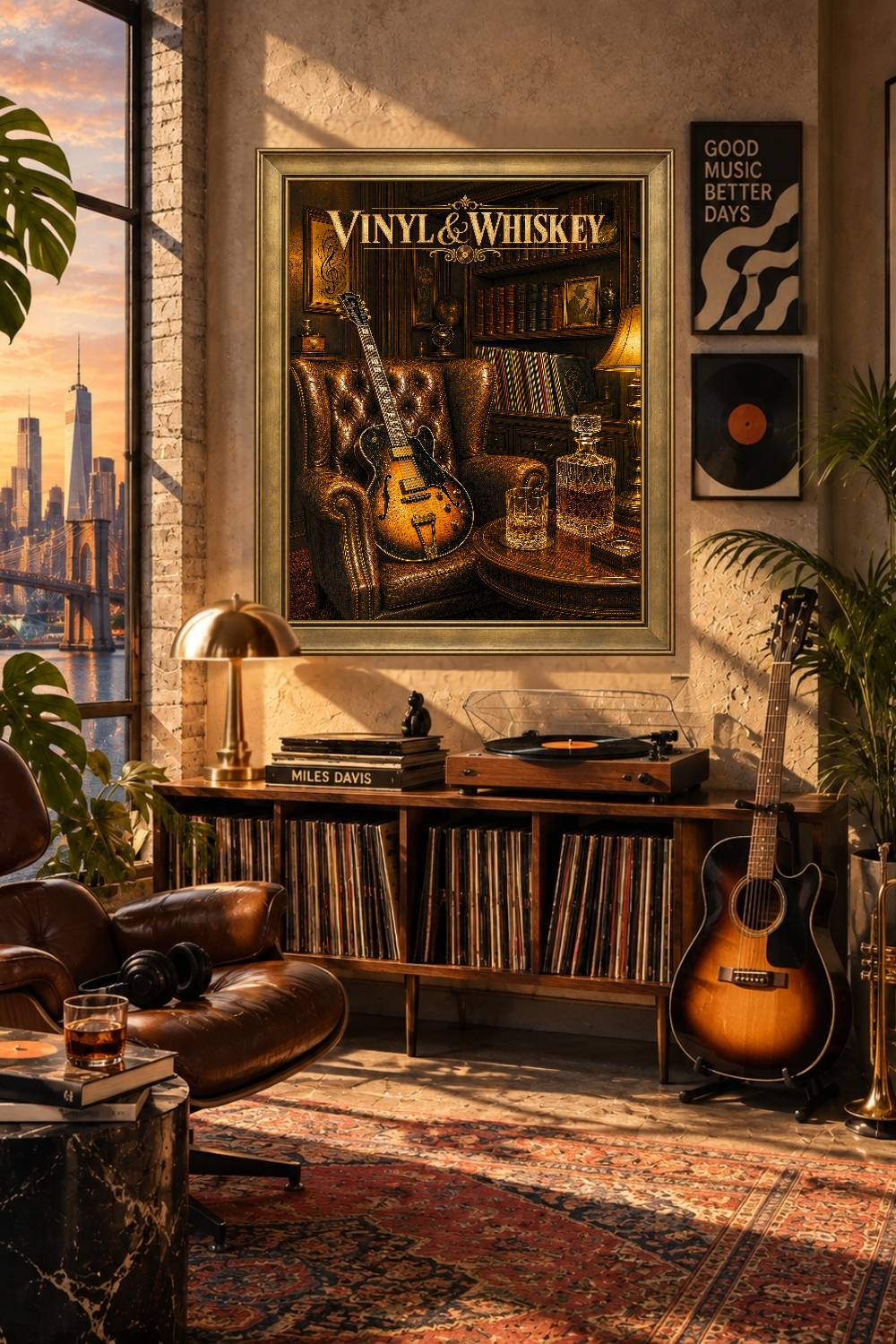 Vinyl & Whiskey Wall Art, Vintage Guitar Listening Room Decor