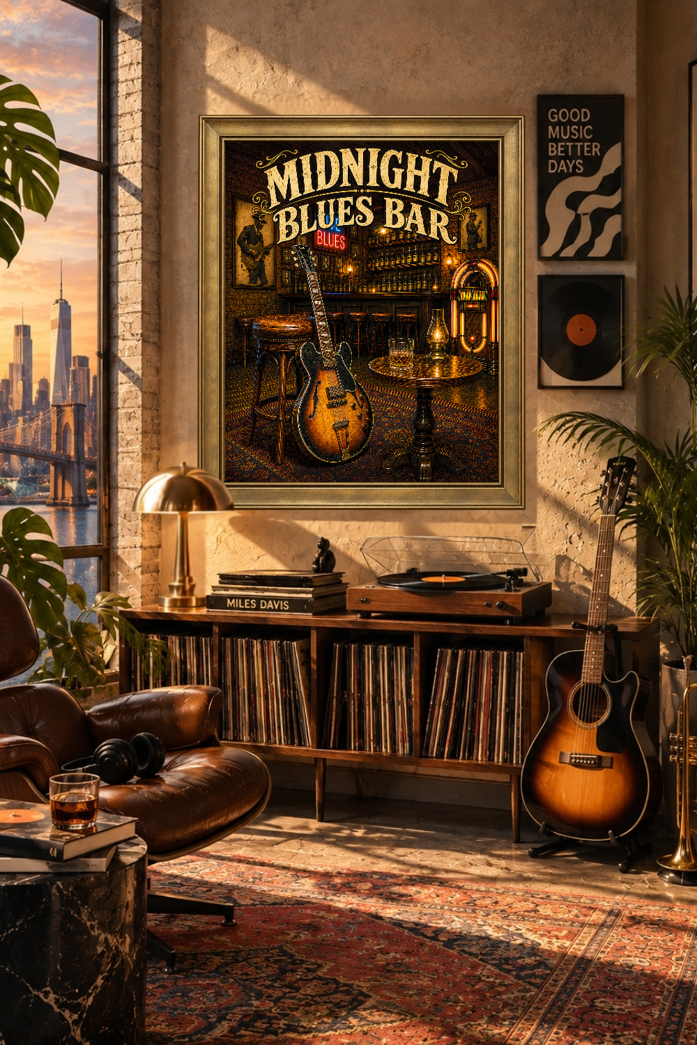 Midnight Blues Bar Wall Art, Vintage Guitar, Jukebox, Retro Music Scene