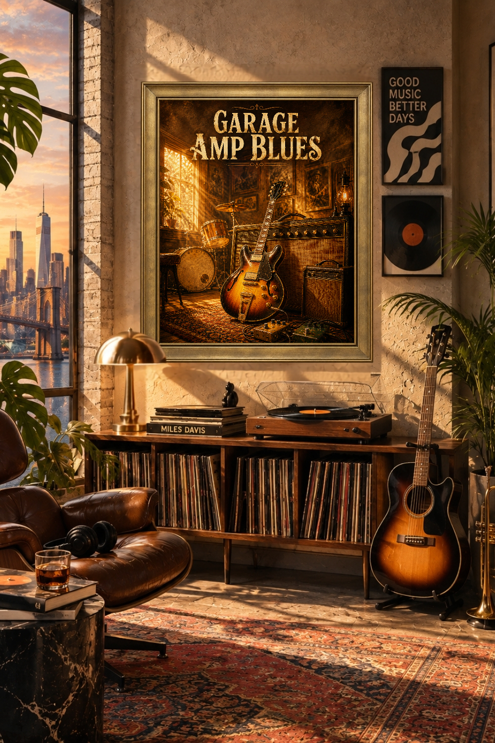 Vintage Blues Guitar Amp Poster, Garage Rehearsal Room Art