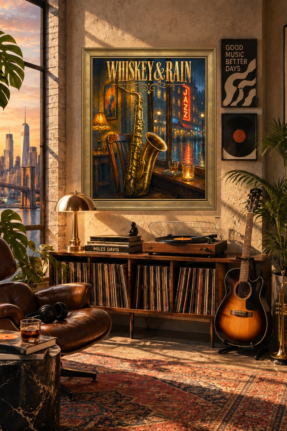 Whiskey & Rain Jazz Poster, Saxophone Wall Art, Vintage Bar Decor