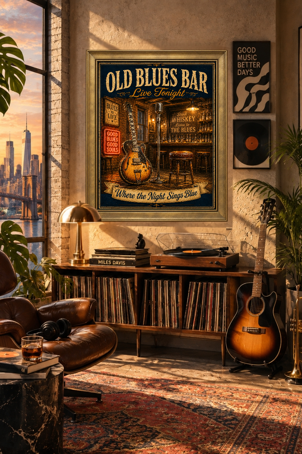 Vintage Blues Guitar Bar Art, Retro Music Club Print