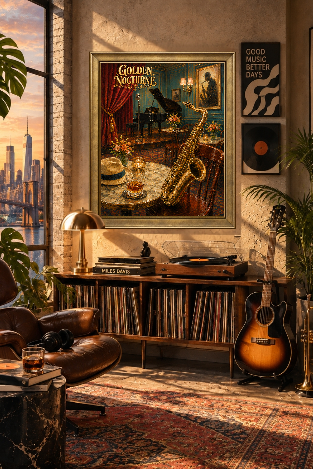 Golden Nocturne Jazz Club Poster, Saxophone & Piano Art