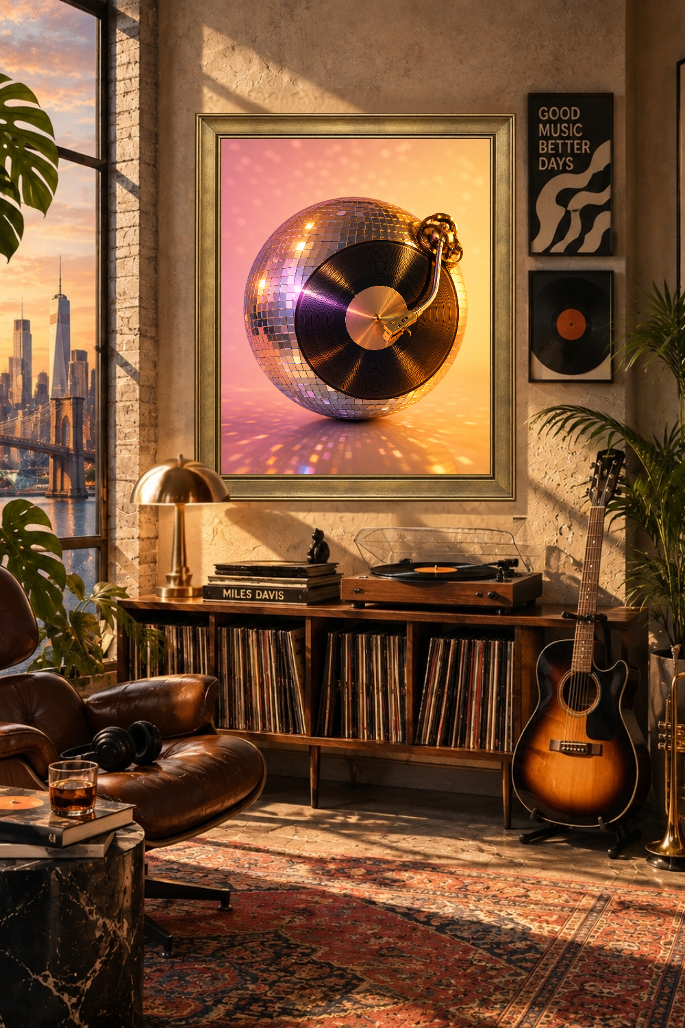 Disco Ball Vinyl Record Wall Art, Retro 70s Music Print