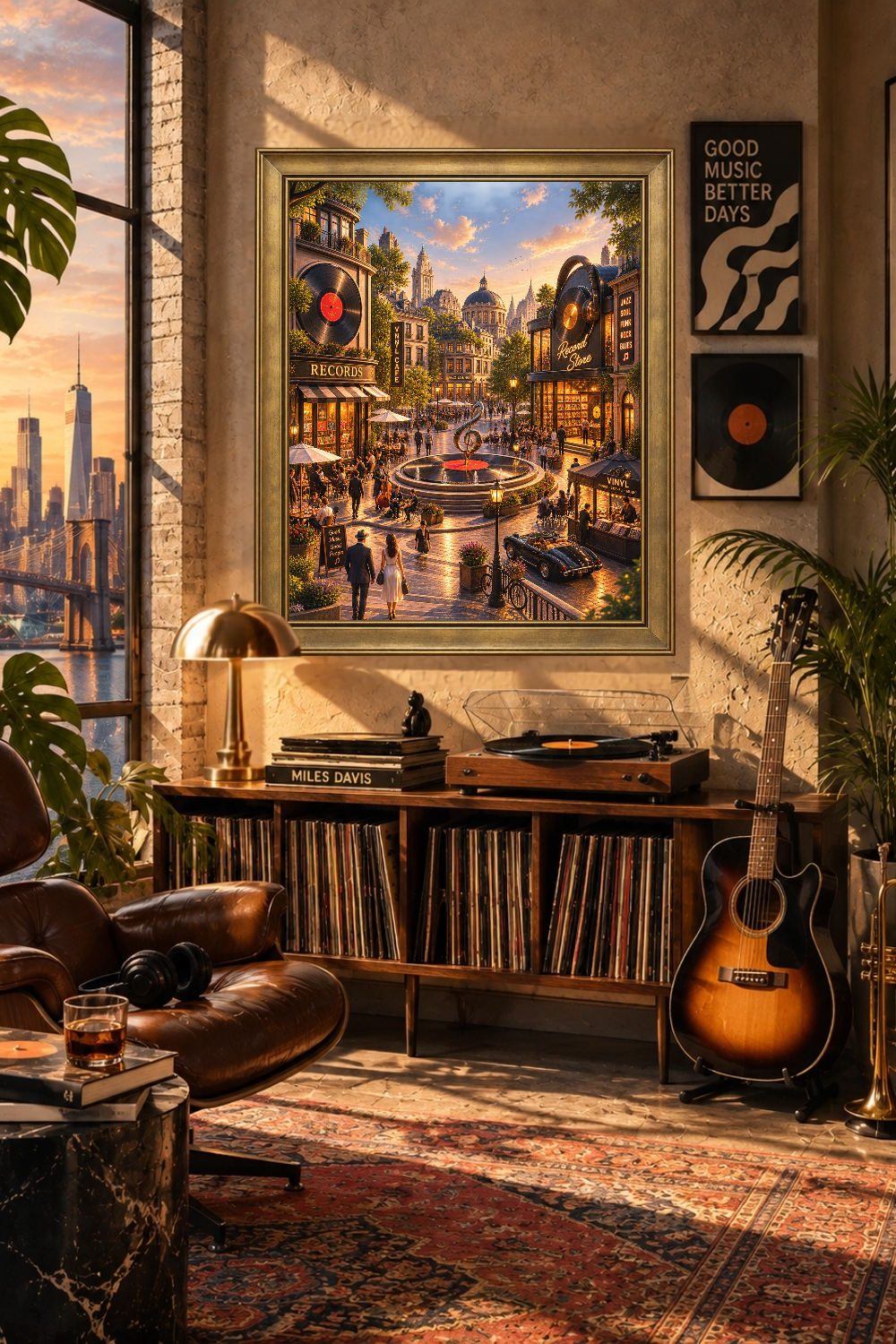 Fantasy Music Cityscape Print, Vinyl Lover Wall Art