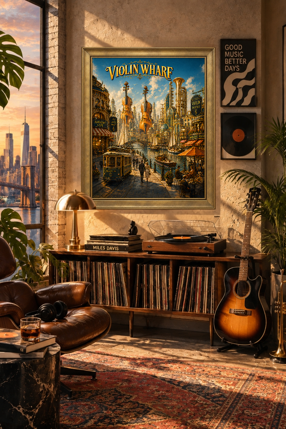 Violin Wharf Fantasy City Print, Music Lover Wall Art