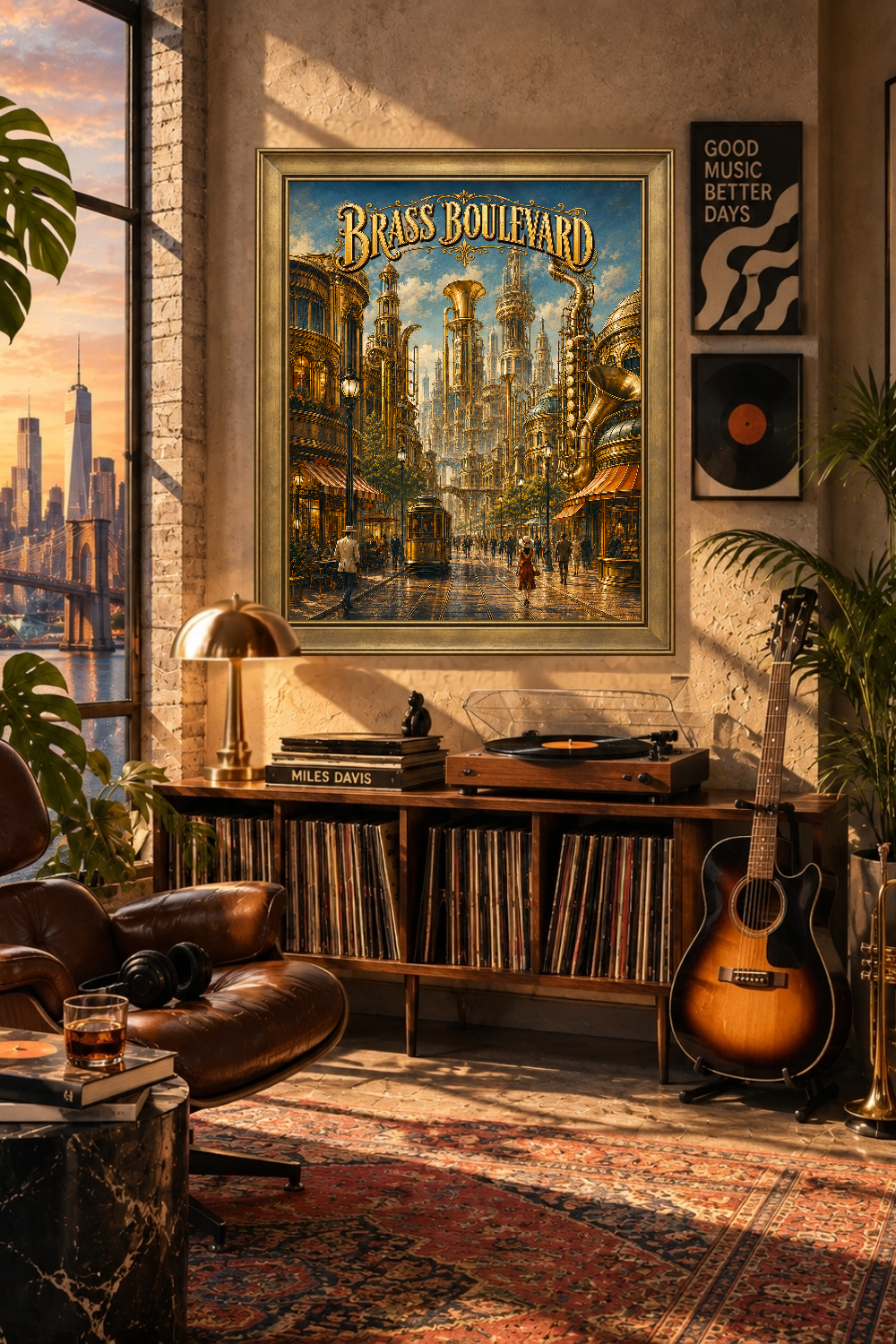 Brass Boulevard Fantasy City Print, Steampunk Jazz Music Art
