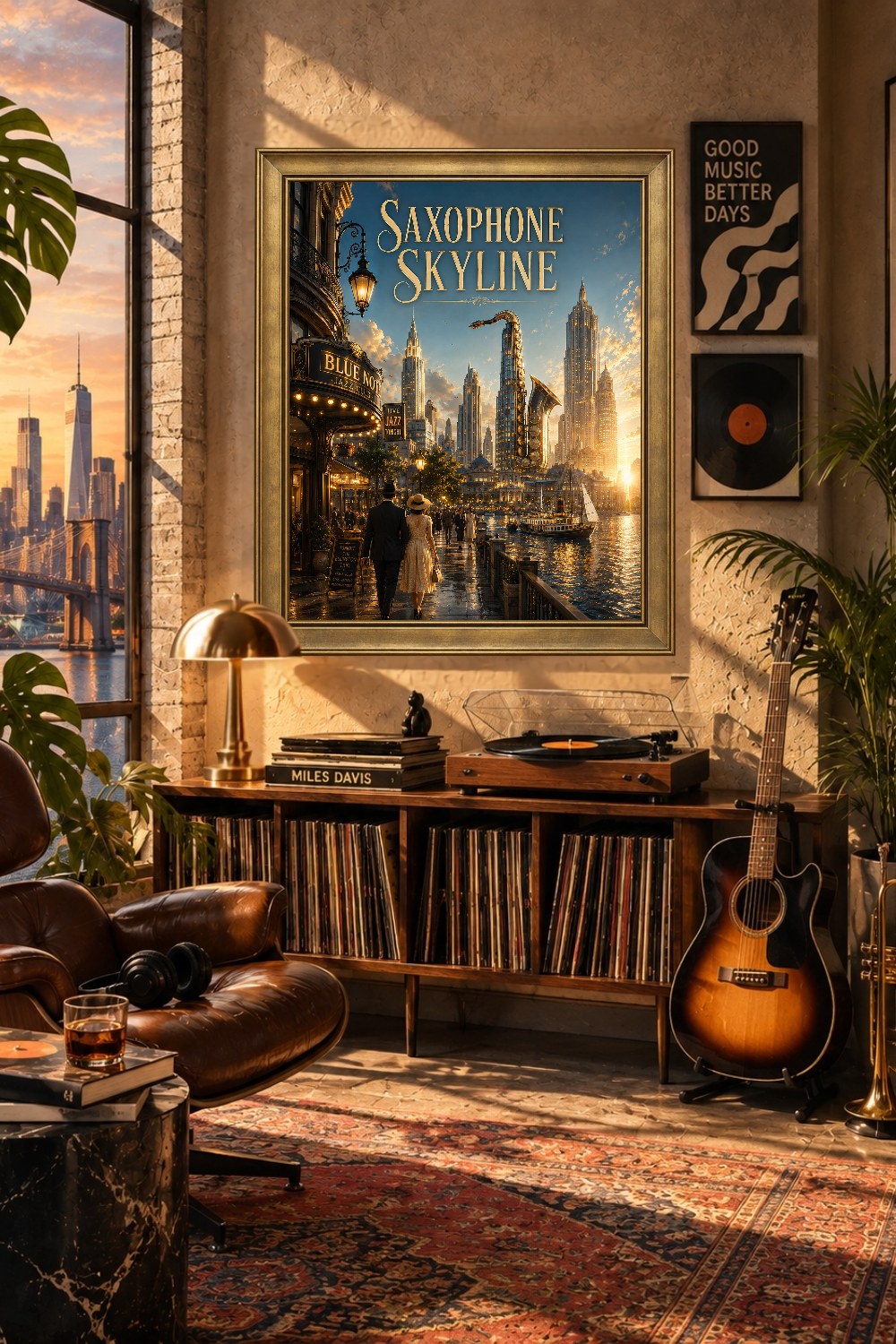 Saxophone Skyline Jazz City Print, Fantasy Music Cityscape