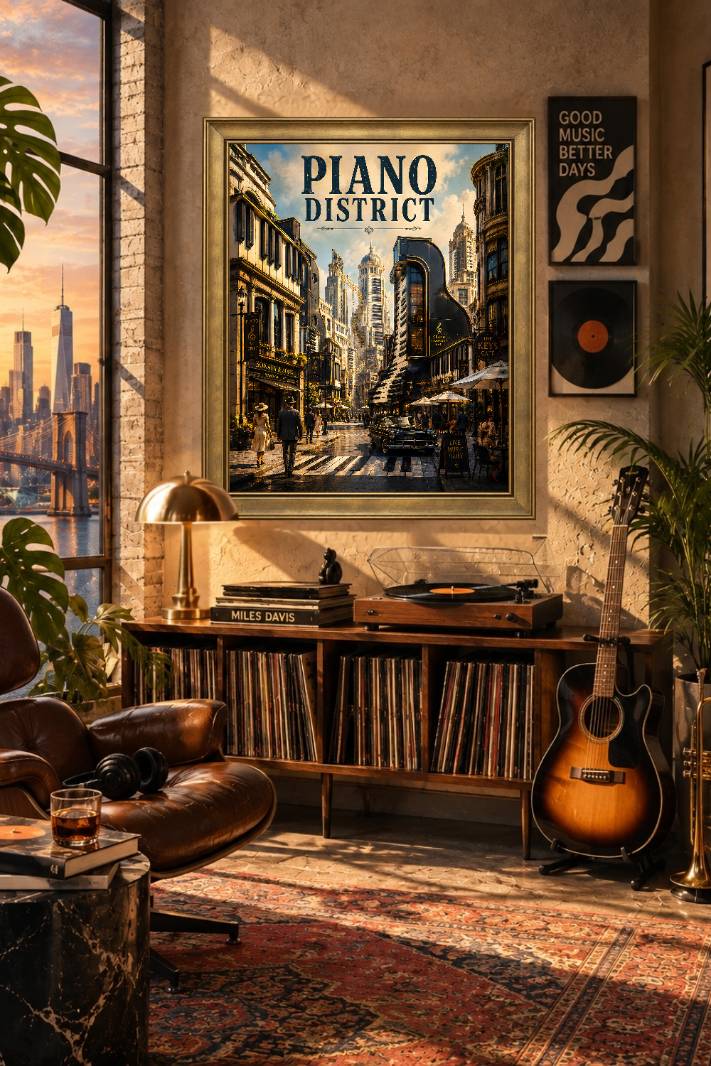 Piano District Fantasy Cityscape Print, Music Lover Wall Art