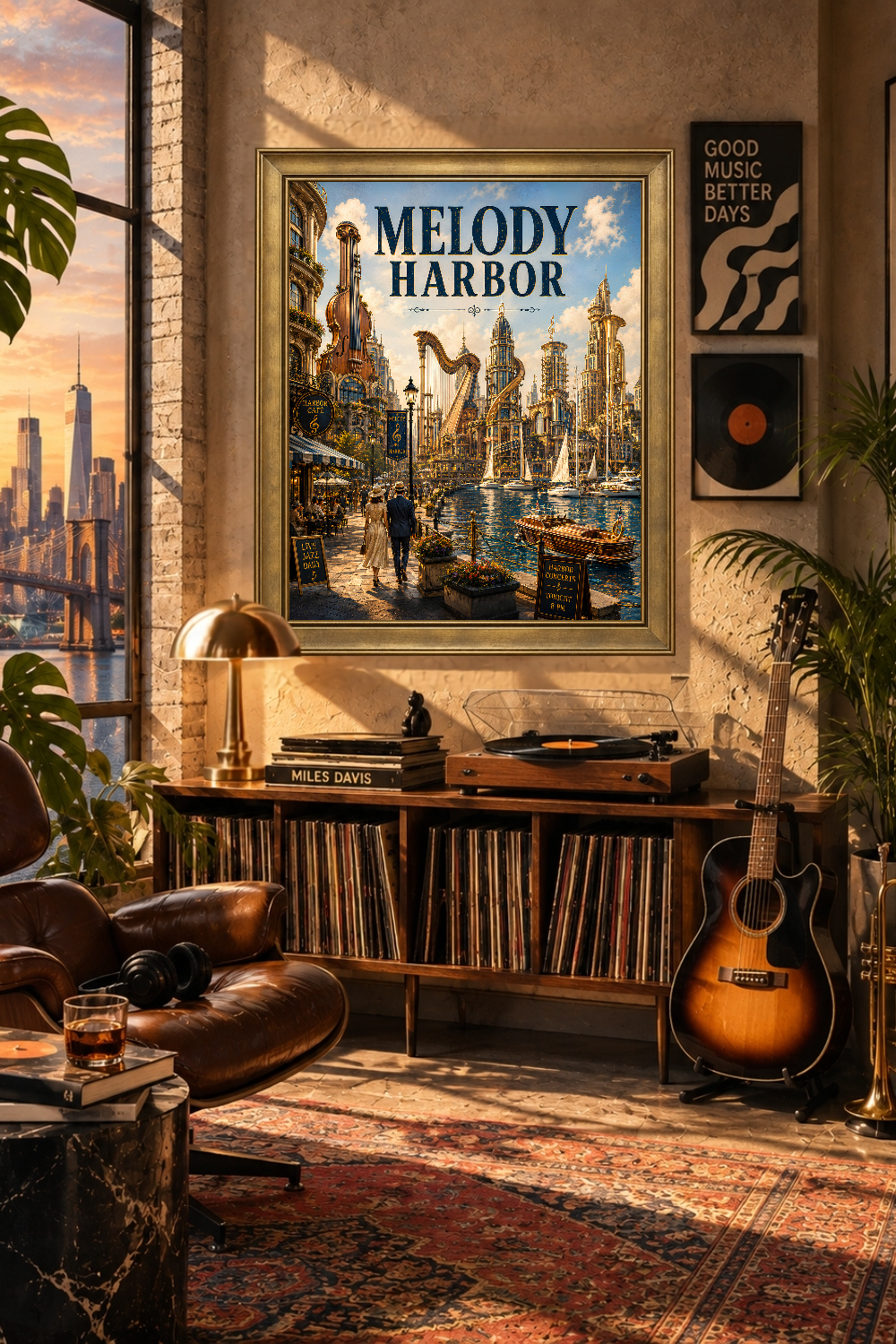 Melody Harbor Fantasy City Print, Musical Instruments, Waterfront Art