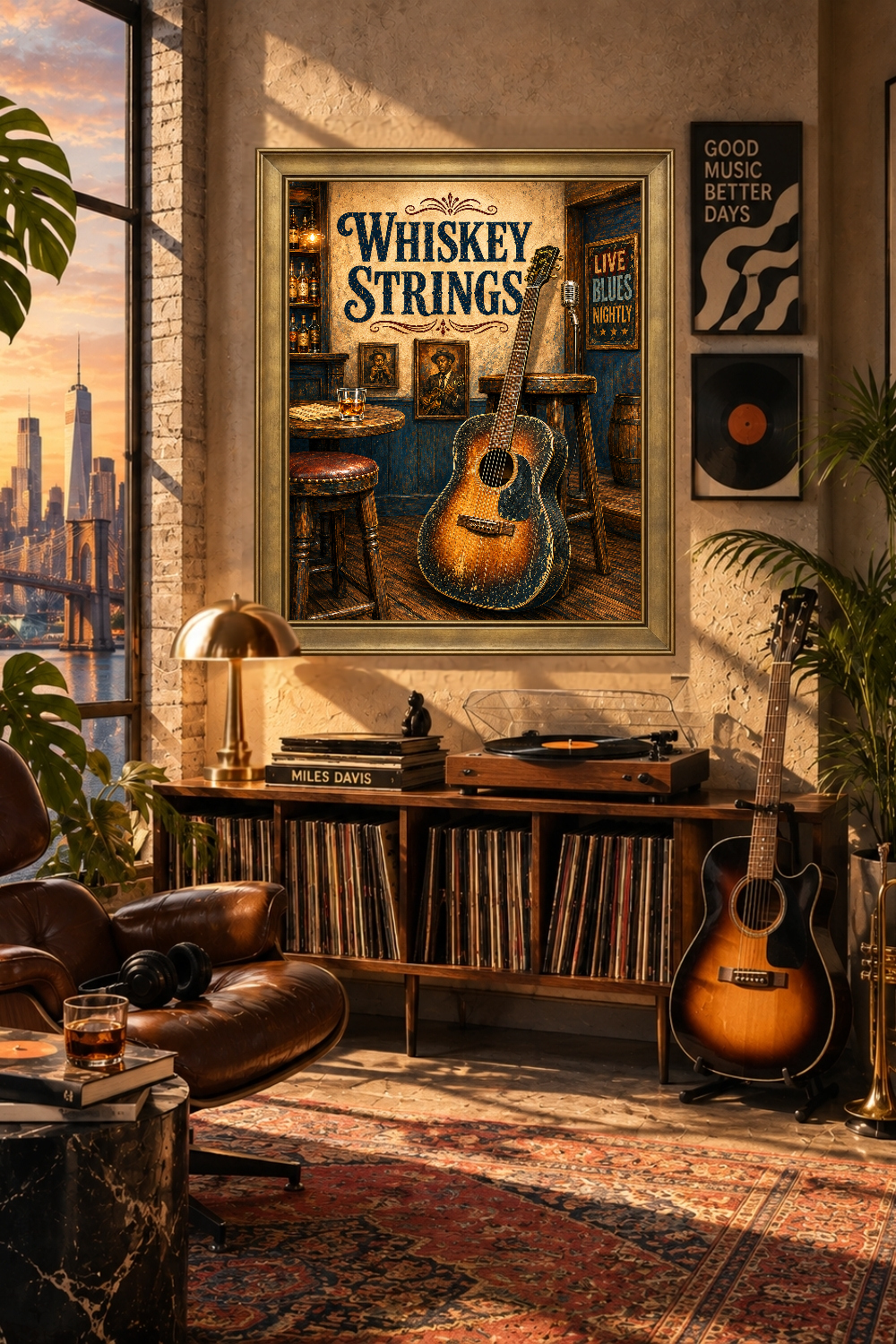 Whiskey Strings Blues Bar Print, Acoustic Guitar, Rustic Music Decor