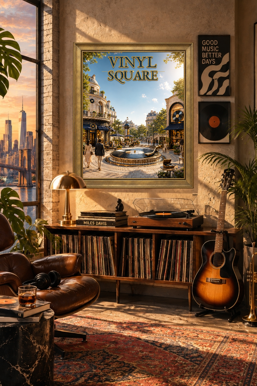 Vinyl Square Cityscape Poster, Fantasy Music Lover Decor