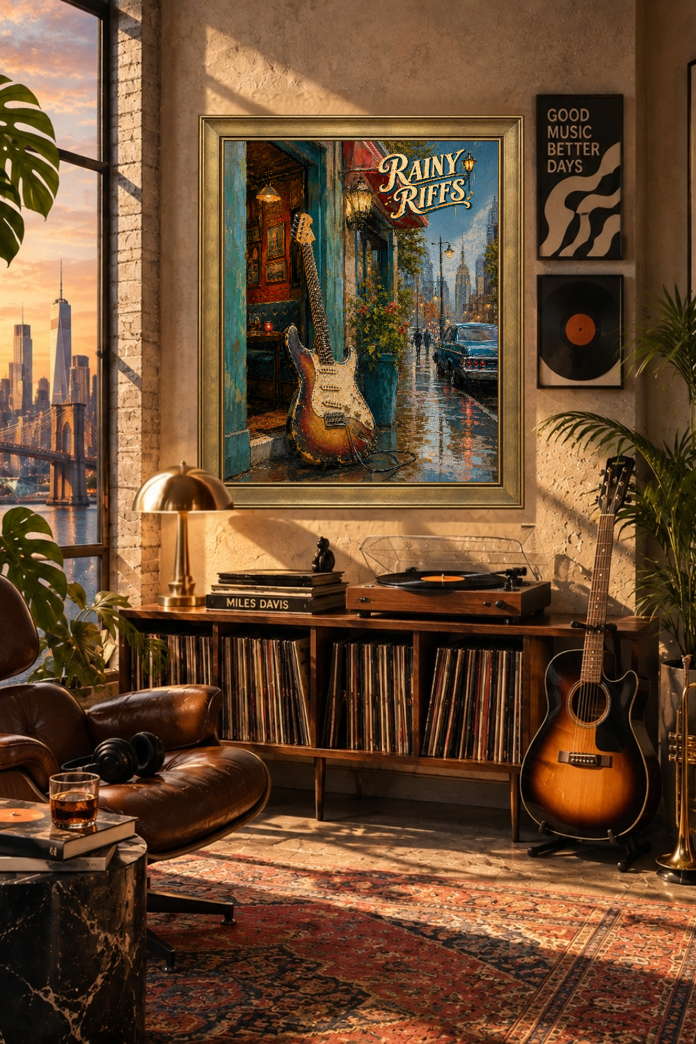 Rainy Riffs Electric Guitar Wall Art, Urban Music Poster