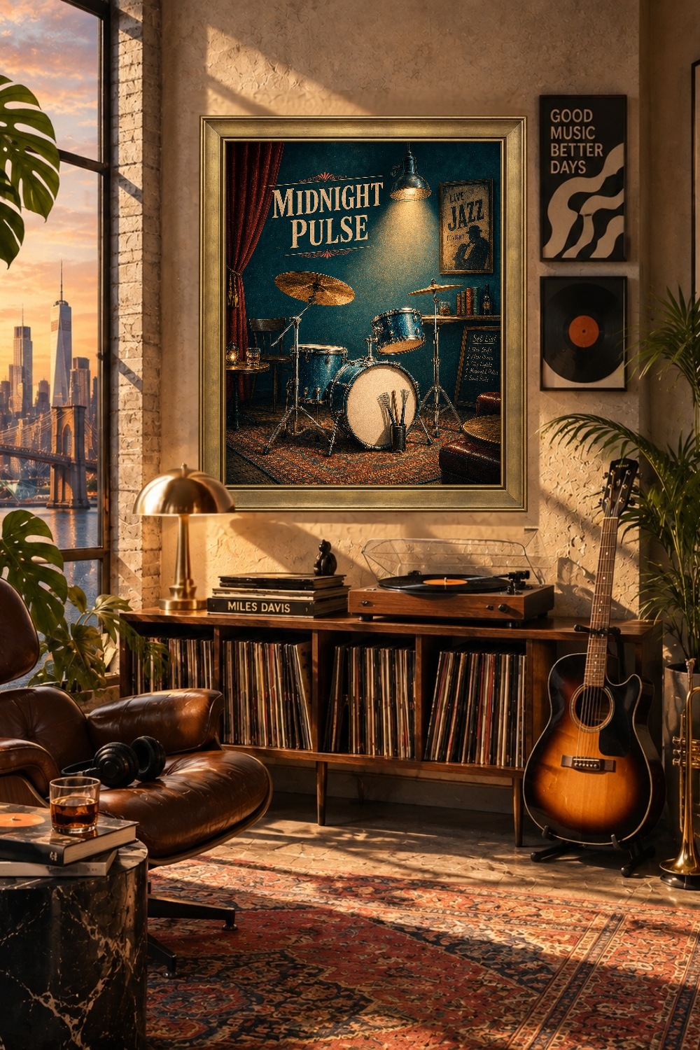 Midnight Pulse Jazz Drum Set Poster, Vintage Club Atmosphere