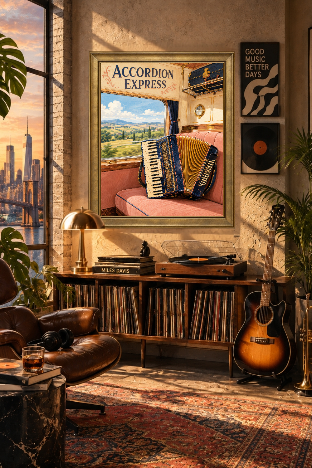 Accordion Express Vintage Train Art, Folk Music Lover Gift