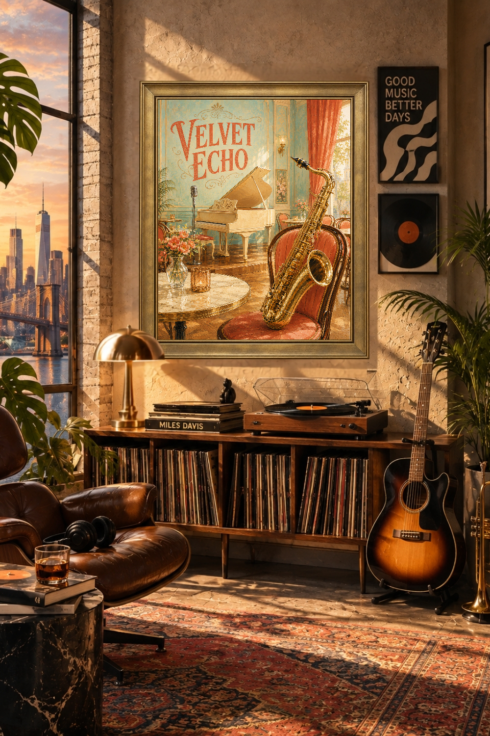 Velvet Echo Jazz Poster, Golden Saxophone, Piano Salon Art