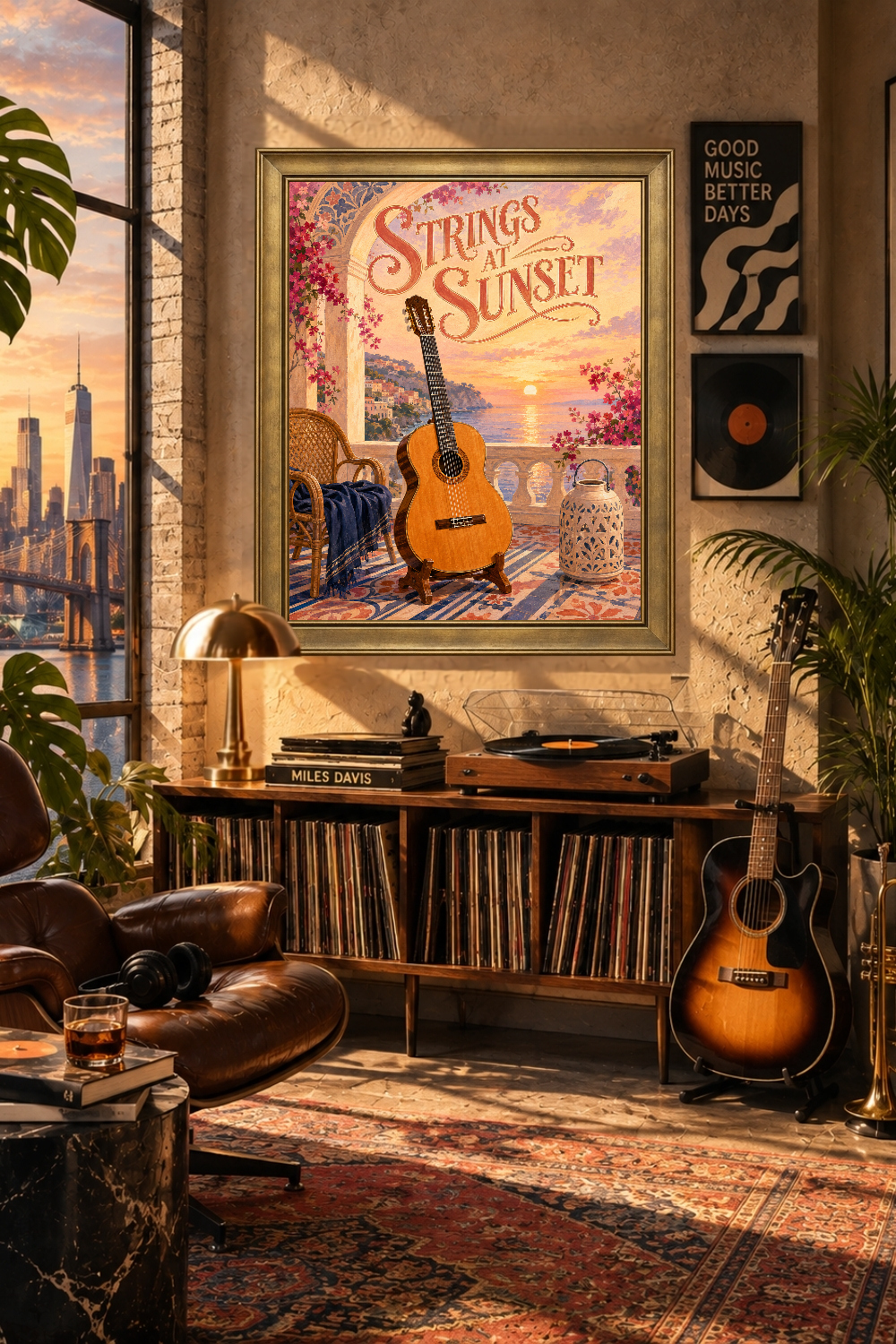 Mediterranean Sunset Guitar Print, Coastal Music Art