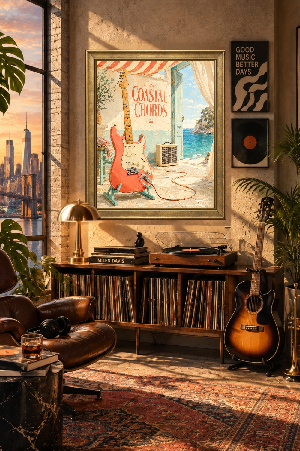 Coastal Guitar Wall Art, Mediterranean Electric Guitar Print