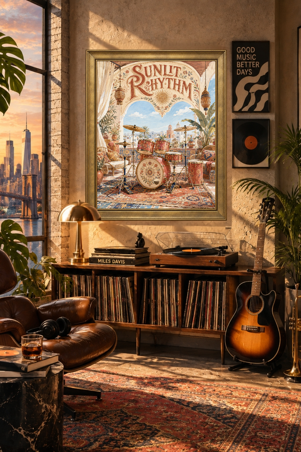 Sunlit Rhythm Drum Set Poster, Mediterranean Boho Music Decor