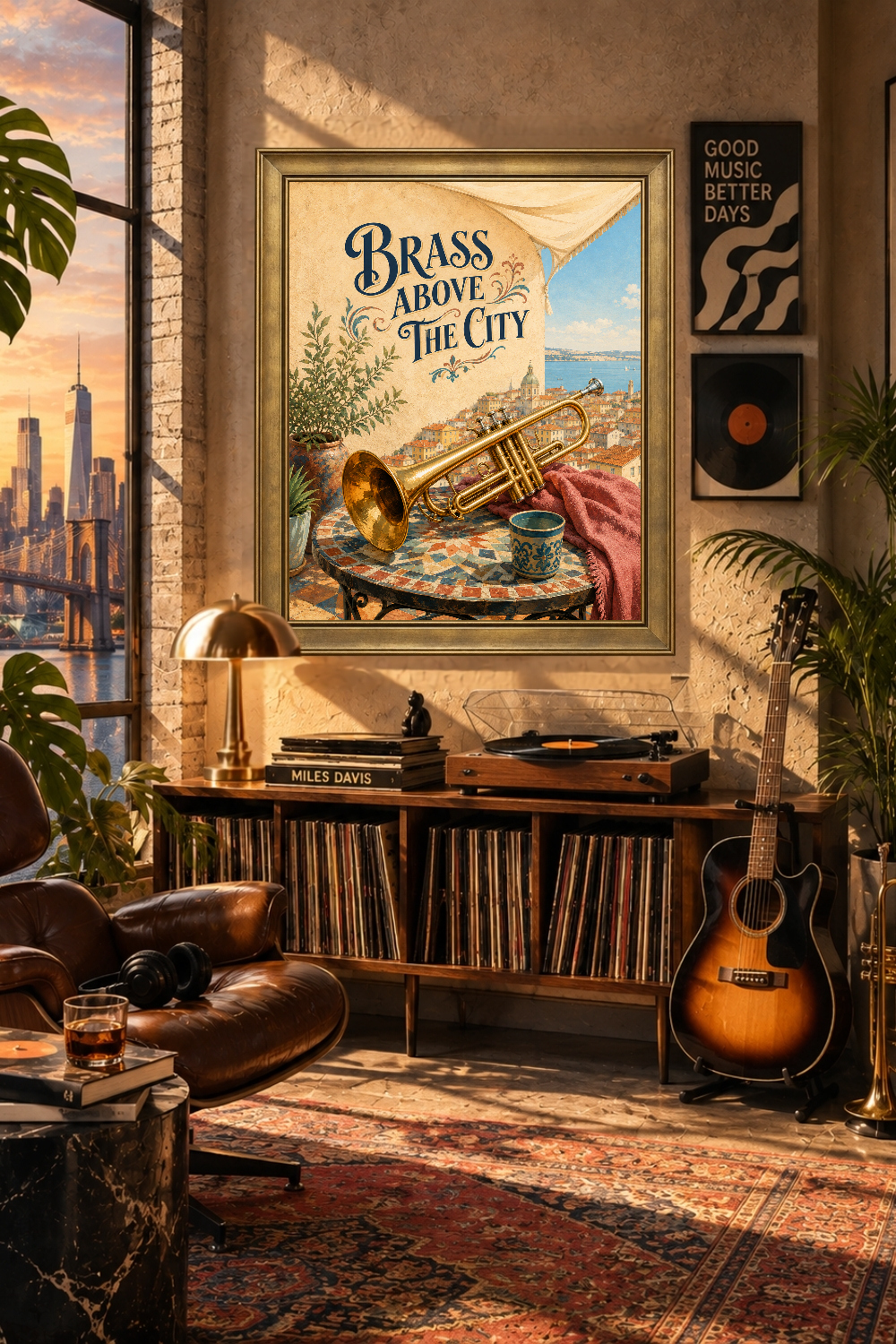 Brass Trumpet Above Mediterranean City Print, Coastal Music Decor