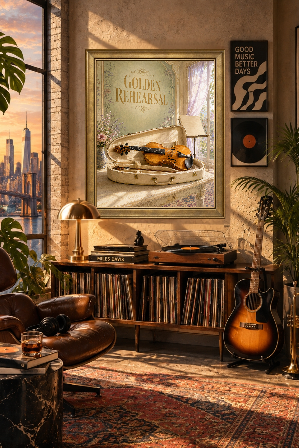 Golden Rehearsal Violin Wall Art, Classical Music Room Decor