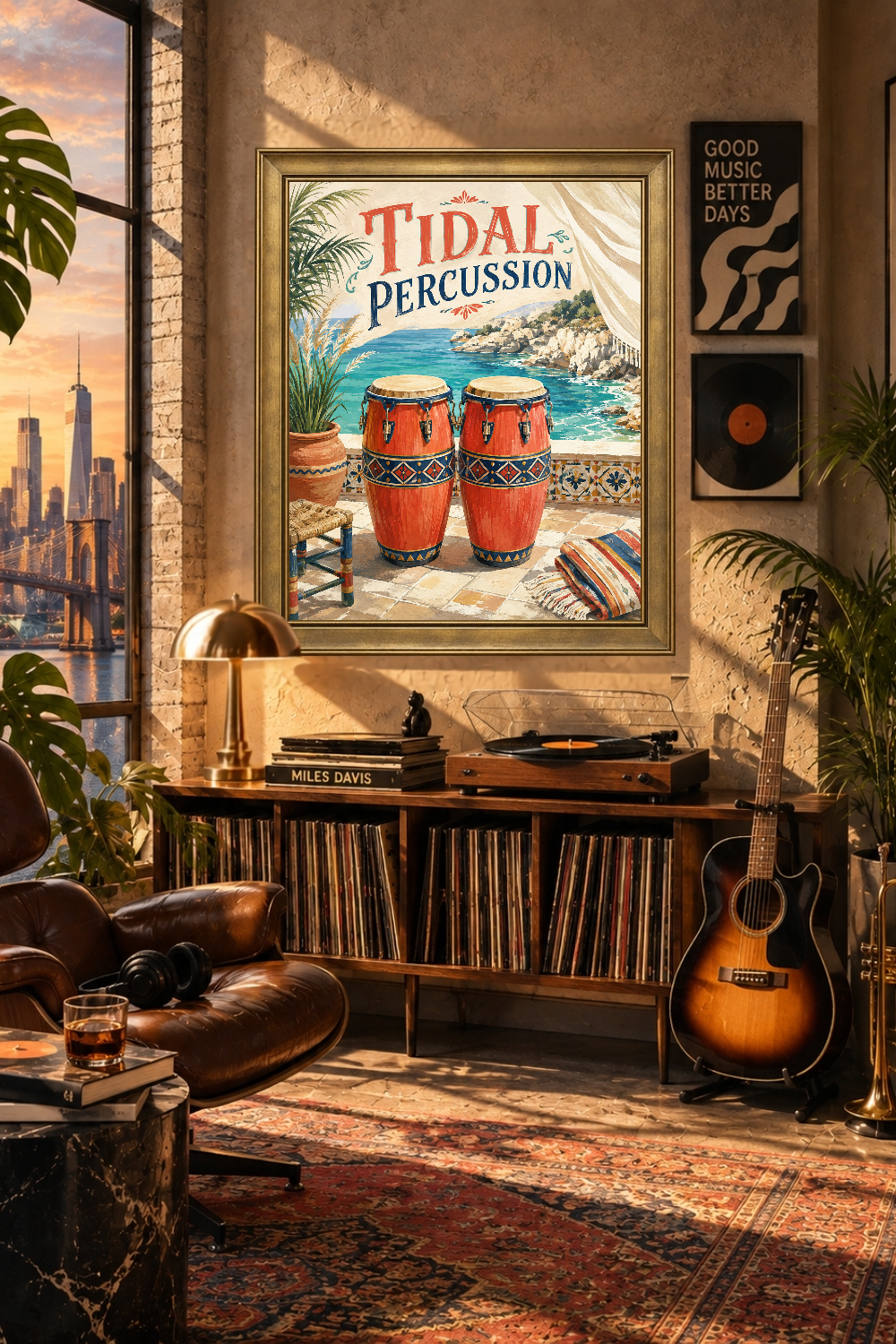 Tidal Percussion Conga Drum Art, Mediterranean Coastal Music Print