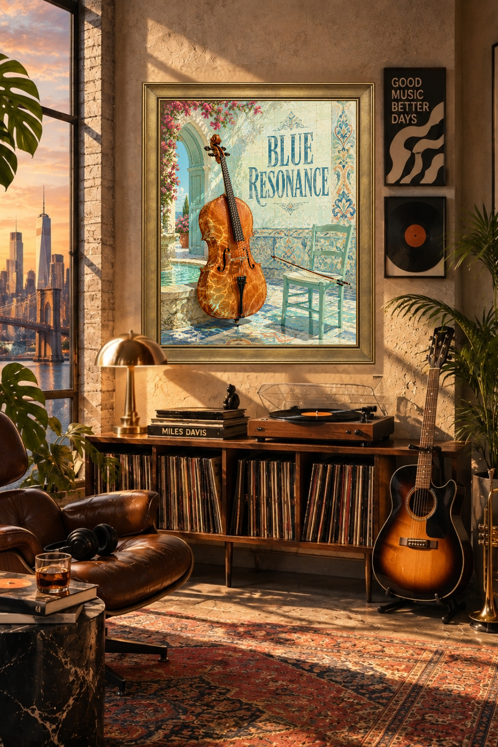 Cello Wall Art, Mediterranean Music Poster, Blue Resonance Decor, Classical Music Print