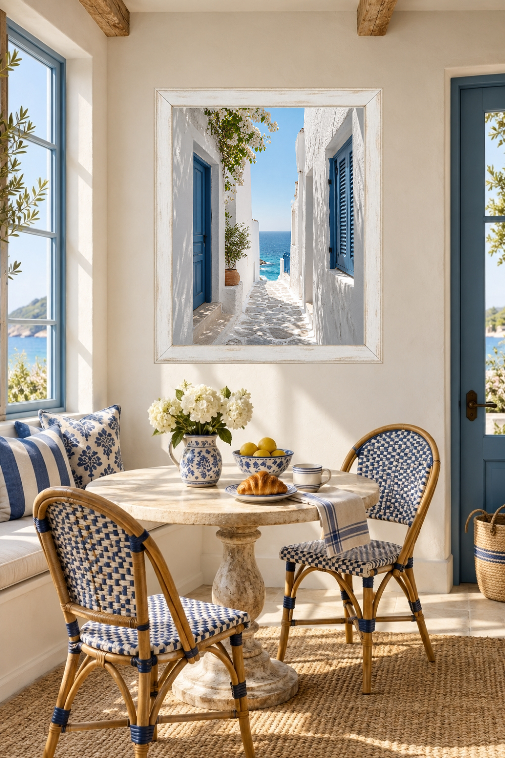 Greek Island Alley Print, Mediterranean Blue Door Coastal Art