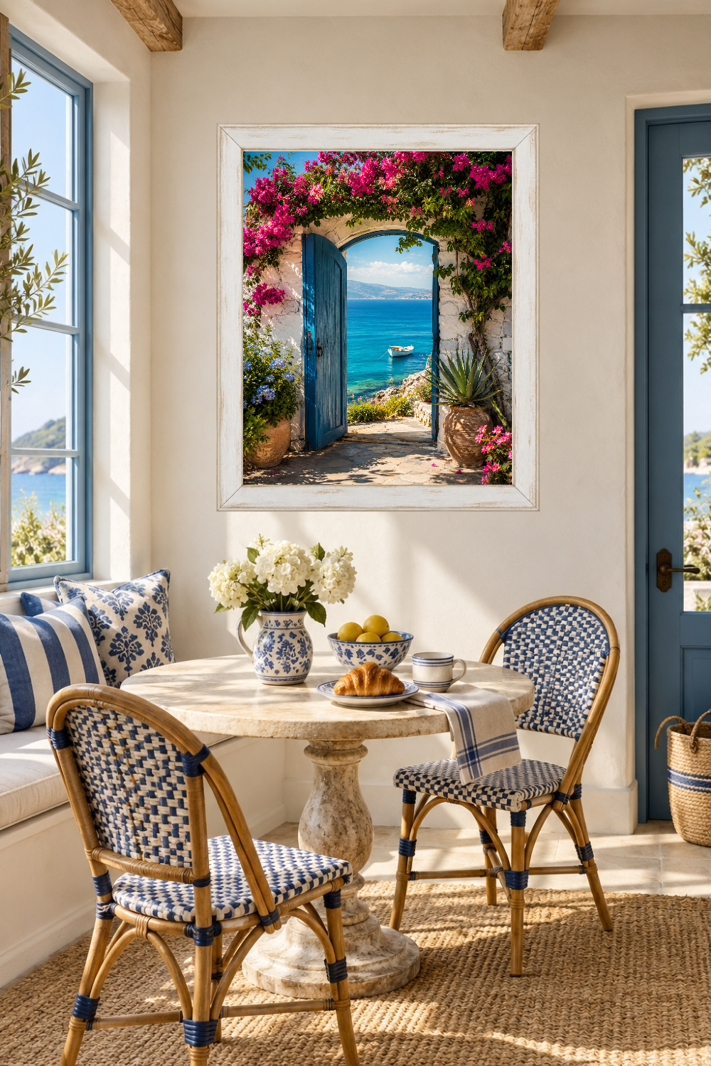 Greek Island Blue Door Print, Bougainvillea Sea View, Mediterranean Coastal Art