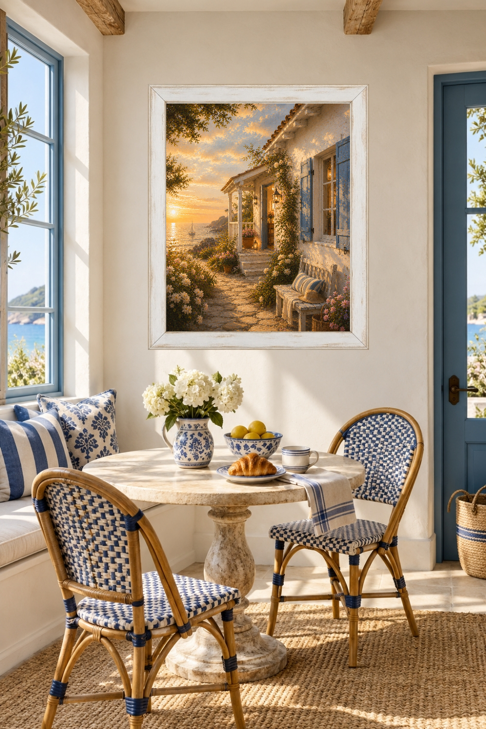 Mediterranean Cottage Sunset Print, Blue Shutters, Sea View