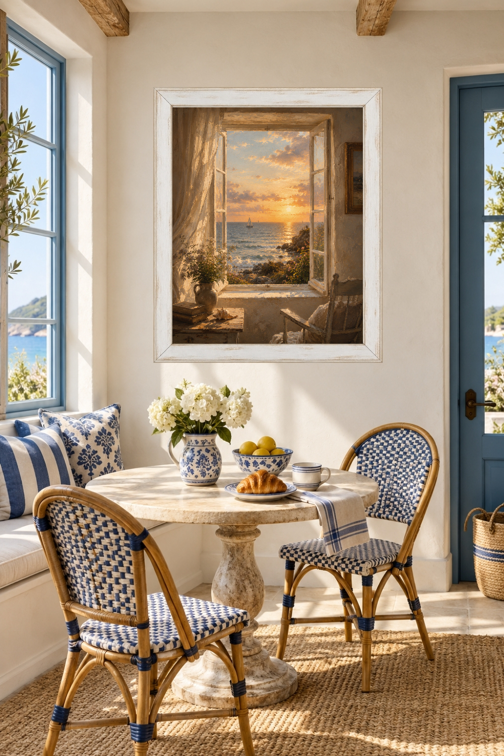 Mediterranean Window View Print, Ocean Sunset Sailboat, Coastal Cottage Decor