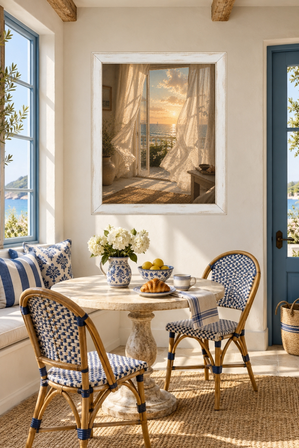 Mediterranean Window Art, Sheer Curtains, Sunset Sailboat