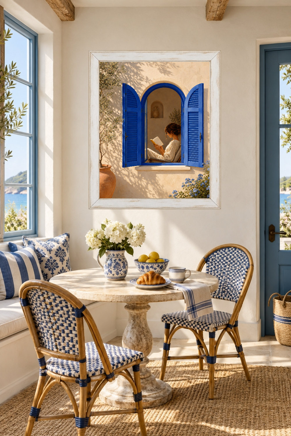 Mediterranean Reading Nook Print, Blue Shutters, Woman Reading