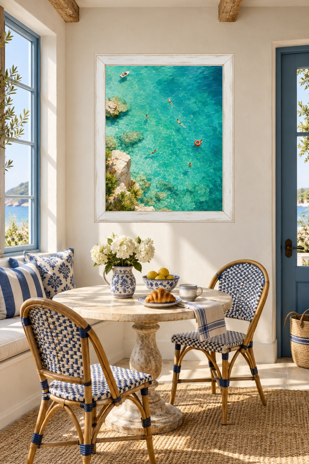 Aerial Turquoise Sea Print, Mediterranean Cove Swimmers, Coastal Summer Art